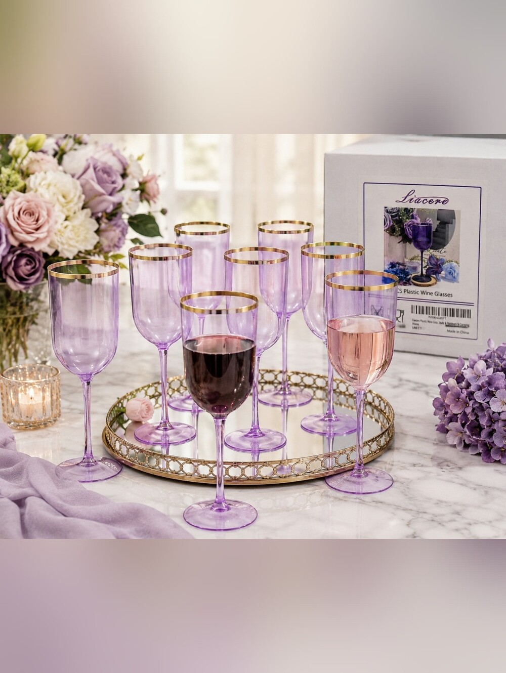 Liacere Purple Plastic Wine Glasses Set of 8 Gold Rim Reusable Stemmed Goblets